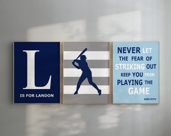 Baseball Wandkunst mit Namen, Kinder Baseball Geschenke, Teenager Jungen-Raumdekor, Baseball Zitat Wandkunst, 3er-Set PRINTS oder CANVAS