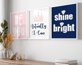 Teen Girl Wall Art Pink and Navy, Tween Girl Room Decor, Inspiring Quotes, Set of 3 PRINTS OR CANVAS