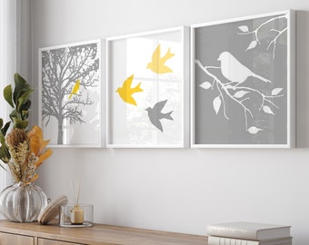 Nursery Art Prints Nursery Decor - Modern Bird Trio - Set of Three Prints or Canvas - CHOOSE YOUR COLORS - Shown in Gray, Yellow and More