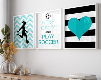 Soccer Wall Art Soccer Room Decor Girl Soccer Art Girls Soccer Decor Set of 3 CANVAS OR PRINTS - Love, Heart, Keep Calm and Play Soccer
