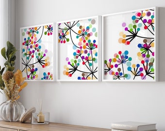 Modern Wall Art - Abstract Botanical Floral Trio - Set of Three PRINTS OR CANVAS - Colorful Wall Art - Rainbow Wall Art - Modern Kids Decor