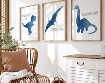 Sztuka dinozaurów do pokoju chłopca, niebieska sztuka ścienna z dinozaurem, niebieska akwarela z dinozaurem, dekoracja z dinozaurem, zestaw 3 wydruków lub obrazów na płótnie z dinozaurami