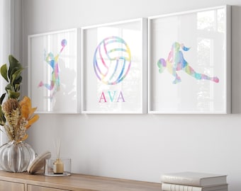 Colorful Volleyball Art for Girls Room Decor, Volleyball Wall Art Prints, Personalized Volleyball Gift, Set of 3 Volleyball PRINTS OR CANVAS