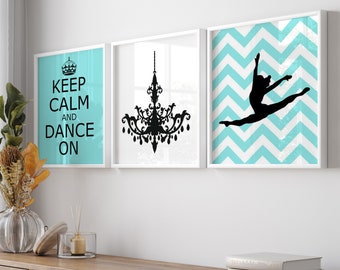 Dance Wall Art, Keep Calm and Dance On, Chandelier, Chevron Jazz Dancer Girl Bedroom Art Dance - Set of 3 Dance Prints or Dance Canvas Art