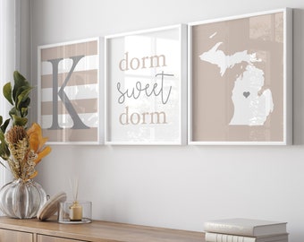 Dorm Room Decor Neutral, Dorm Decor for College Girls, Grey Beige Dorm Wall Decor for Girl, Dorm Sweet Dorm, Set of 3 Dorm PRINTS OR CANVAS