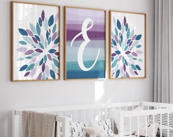 Floral Nursery Decor Modern, Nursery Initial Art, Teal Purple Nursery Decor, Baby Girl Nursery Wall Art, Set of 3 Ombre PRINTS OR CANVAS