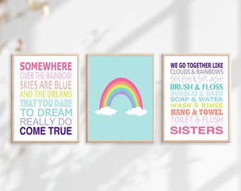 Sisters Bathroom Decor, Rainbow Bathroom Art, Somewhere Over The Rainbow Art, Girls Bathroom Decor, Set of 3 Rainbow PRINTS OR CANVAS