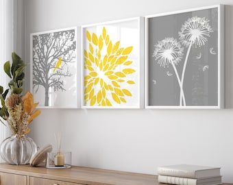 Yellow Gray Bathroom Decor Ideas - Yellow Gray Wall Art - Yellow Grey Wall Art Bathroom - Set of Three Nature Prints or Nature Canvas Art