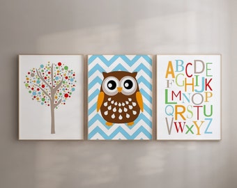 Tree Top Trio - Set of Three 11x14 Nursery Prints - Tree Dot, Chevron Owl, Modern Alphabet - Kids Wall Art - CHOOSE YOUR COLORS - Skip Hop