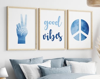 Teenage Girl Wall Decor, Watercolor Peace Sign Art, Tween Girl Room Decor Blue, Good Vibes Quote, Gift for Teen, Set of 3 PRINTS OR CANVAS