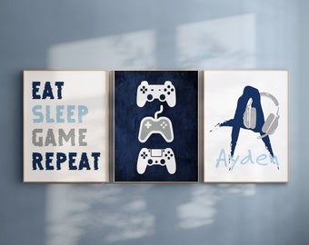 Video Game Decor, Gamer Wall Art Prints, Tween Boy Room Decor, Personalized Gamer Gift, Eat Sleep Game Repeat, Set of 3 PRINTS OR CANVAS