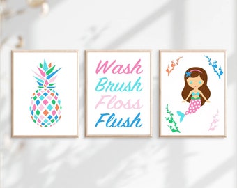 Girls Bathroom Wall Art, Mermaid Bathroom Decor, Pineapple Tropical Bathroom Wall Art for Kids, Set of 3 Mermaid Bathroom PRINTS OR CANVAS