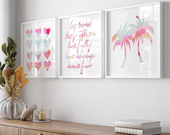 Teenage Girl Bedroom Decor, Quotes for Girls, Modern Heart Art, Tween Girl Gifts, Beach Dorm Decor, Set of 3 Palm Tree Art PRINTS OR CANVAS