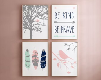 Girls Feather Nursery Decor, Girls Boho Nursery Art, Pink Mint Navy Nursery Art, Nursery Quote, Bird Nursery Art, Set of 4 PRINTS OR CANVAS