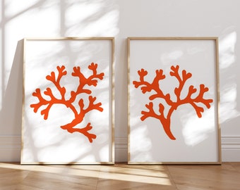 Red Coral Wall Art, Beach Bathroom Decor, Set of 2 Coastal PRINTS OR CANVAS