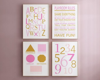 Playroom Decor Girl Playroom Art Playroom Wall Art Set of 4 Playroom Prints Alphabet Numbers Playroom Rules Kids Art - PRINTS OR CANVAS