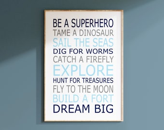 Be a Superhero Quote, Be A Superhero Tame A Dinosaur, Playroom Rules Print, Baby Boy Nursery Art Quote, Superhero Print or Canvas Art Print