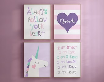 Unicorn Bedroom Decor for Girls, Positive Affirmations for Girls Room Decor, Unicorn Wall Art Purple Pink, Set of 4 Unicorn PRINTS OR CANVAS