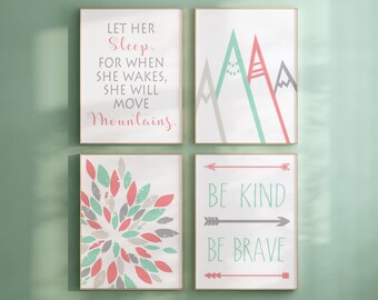 ARROW NURSERY DECOR Tribal Nursery Decor Coral Mint Nursery Art Girl Nursery Decor, Let Her Sleep Mountains Quote, Be Kind Be Brave Set of 4