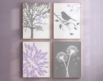 Purple Grey Nursery Art Lavender Nursery Decor, Bird in a Tree, Floral Nursery Art Purple Nursery Decor Dandelions Set of 4 PRINTS OR CANVAS