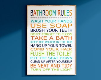 バスルームルールプリントまたはキャンバス、バスルーム装飾、子供用バスルームアート、子供用バスルーム装飾、バスルームルールサイン、子供用ブラシ洗浄流しサイン