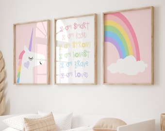 Unicorn Wall Art for Girls Room Decor, Positive Affirmations for Girls Bedroom Decorations, Set of 3 Pastel Rainbow Art PRINTS OR CANVAS