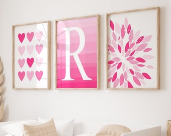 Hot Pink Room Decor for Girls, Personalized Gifts for Kids, Tween or Teen Girl Wall Art, Set of 3 Heart PRINTS OR CANVAS