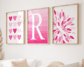 Tween Girls Room Decor Pink, Personalized Tween Girl Gifts, Hot Pink Hearts Wall Art for Girl Bedroom Decor, Set of 3 Heart PRINTS OR CANVAS