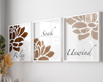 Floral Bathroom Art - Set of Three Prints or Canvas - Relax Soak Unwind - Flower Bathroom Decor - Spa Bathroom