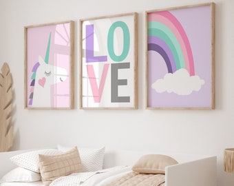 Unicorn Rainbow Decor, Unicorn Wall Art for Girls Room Decor, Rainbow Unicorn Decor, Unicorn Art Prints - Set of 3 Unicorn CANVAS OR PRINTS