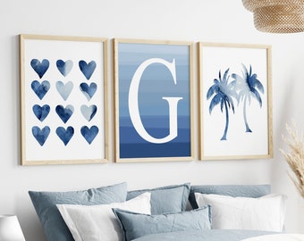 Teenage Girl Room Decor, Teen Girl Bedroom Decor, Tween Girl Wall Art Blue, Palm Tree Print, Watercolor Heart Art, Set of 3 PRINTS OR CANVAS