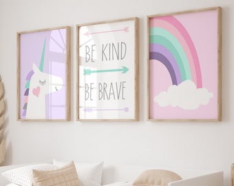 Unicorn Rainbow Room Decor, Unicorn Room Decor, Young Girls Room Decor, Unicorn Decor, Be Kind Be Brave, Set of 3 Unicorn Prints or Canvas