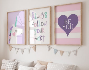 Unicorn Room Decor, Unicorn Art for Girl Room Decor, Inspiring Quotes for Girls Bedroom Art, Set of 3 Unicorn Canvas Art or Unicorn Prints