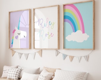 Arredamento della camera con unicorno, Arte dell'unicorno per l'arredamento della camera delle ragazze, Decorazioni per la camera da letto delle ragazze, Unicorno Arcobaleno Wall Art Girls, Set di 3 STAMPE O TELA