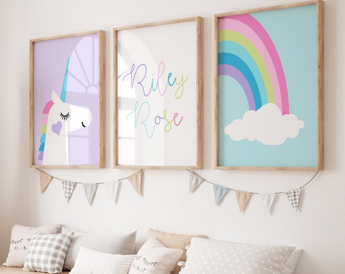Unicorn Room Decor, Unicorn Art for Girls Room Decor, Girl Bedroom Decorations, Unicorn Rainbow Wall Art Girls, Set of 3 PRINTS OR CANVAS