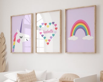 Meisjes eenhoorn decor, eenhoorn kamer decor, eenhoorn regenboog kunst aan de muur, eenhoorn badkamer decor, set van 3 prints of canvas