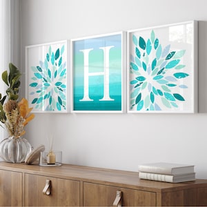 Teal Room Decor for Girls, Blue Green Wall Art for Girl Bedroom Decor, Tween Girl Room Decor Mint, Set of 3 Blue Flower PRINTS OR CANVAS