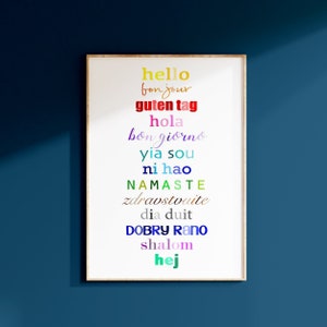 Hallo in verschiedenen Sprachen, Hallo Sprachen Druck, Regenbogen Hallo Wandkunst, Spielzimmer Dekor, Bunt Hallo Druck oder Leinwand, Klassenzimmer Dekor