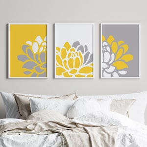 Floral Trio - Set of Three Prints or Canvas - Modern Nursery Art or Home Decor Abstract - CHOOSE YOUR COLORS - Shown in Yellow, Gray, White
