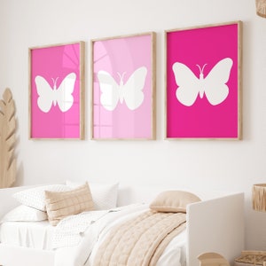 Butterfly Nursery Art Butterfly Room Decor, Set of Three Butterfly Prints or Butterfly Canvas Art, Hot Pink Butterfly Art, Butterfly Decor