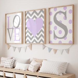 Baby Girl Nursery Decor, Set of 3 Prints for Girls Room Decor Purple Nursery Art, Love, Chevron Heart, Polka Dot Initial - PRINTS OR CANVAS