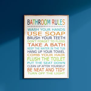 Bathroom Rules Print or Canvas, Bathroom Decor Kids Bathroom Art, Kids Bathroom Decor, Bathroom Rules Sign, Brush Wash Flush Sign for Kids