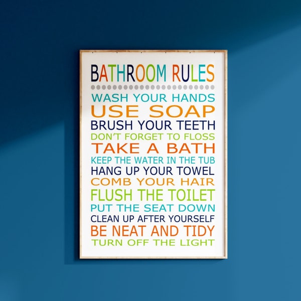 Bathroom Rules Print or Canvas, Bathroom Decor Kids Bathroom Art, Kids Bathroom Decor, Bathroom Rules Sign, Brush Wash Flush Sign for Kids