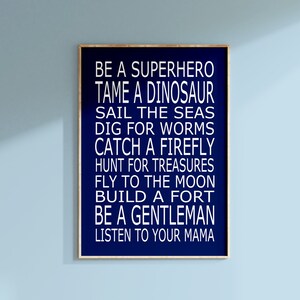 Be A Superhero - Baby Boy Nursery Art Quote Print or Canvas - Boy Nursery Decor - CHOOSE YOUR COLORS - Shown in Navy Blue, Gray and More
