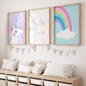 Unicorn Room Decor, Unicorn Art for Girls Room Decor, Girl Bedroom Decorations, Unicorn Rainbow Wall Art Girls, Set of 3 PRINTS OR CANVAS