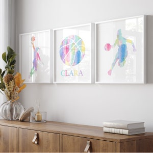 Colorful Basketball Art for Girls Room Decor, Girls Basketball Decor, Athletic Girls Basketball Gifts, Set of 3 Basketball PRINTS OR CANVAS