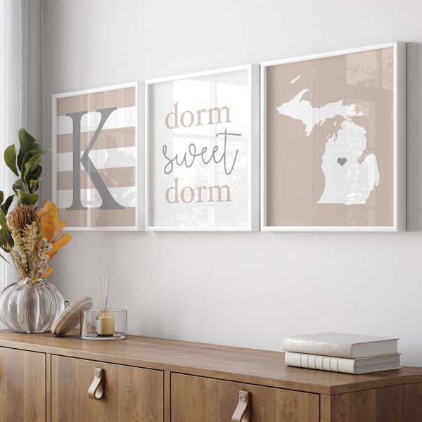 Dorm Room Decor Neutral, Dorm Decor for College Girls, Grey Beige Dorm Wall Decor for Girl, Dorm Sweet Dorm, Set of 3 Dorm PRINTS OR CANVAS