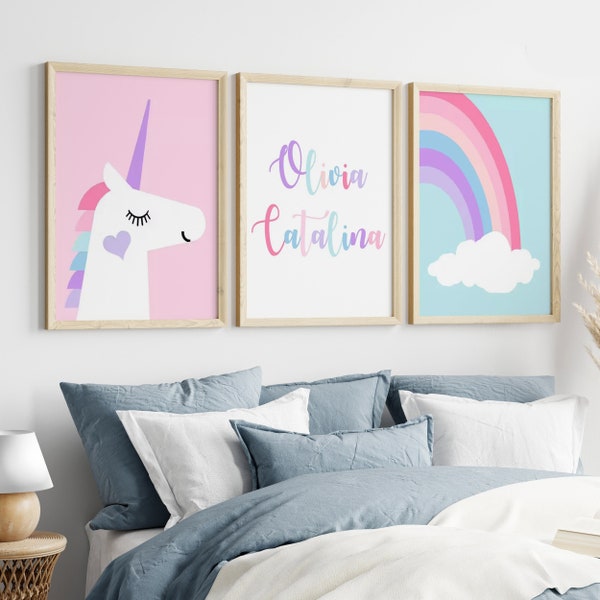 Unicorn Decor for Girls Room, Personalized Gift for Young Girls, Rainbow Wall Art Kid, Unicorn with Name, Set of 3 Unicorn PRINTS OR CANVAS
