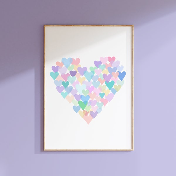 Colorful Heart Print, Heart with Hearts Art, Colorful Heart Art, Young Girl Bedroom Decor, Pastel Heart Wall Art, Heart Art PRINT OR CANVAS