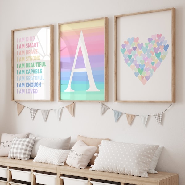 Colorful Wall Art for Girls Room Decor, Positive Affirmations for Girls Wall Art Prints, Pastel Heart Art, Set of 3 Heart PRINTS OR CANVAS